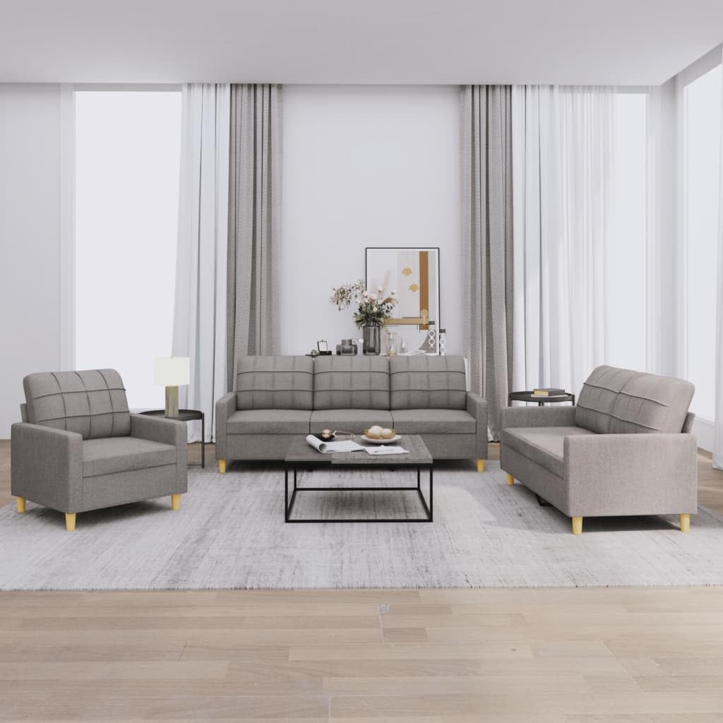 Sofa-Set 3-teilig mit Armchair, Couch mit Kissen, Wohnzimmer-Sofa mit Armlehnen, Sofaset, Designer-Sofa, Sitzmöbel, Polstermöbel, Hellgraues Stoffdesign