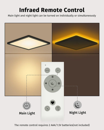 Bowfar LED-Flat-Deckenleuchte, 24 W, 3200 lm, Deckenleuchte mit Fernbedienung, dimmbar von 3000 K bis 6500 K, Nachtlicht bei 1800 K, bernsteinfarben, Badezimmerlampe für Wohnzimmer, Küche, Kinderzimmer, Flur