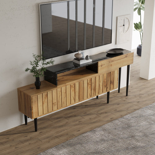 TV-Ständer mit Marmor- und Holzmaserungsdesign, PVC-Kante, Eisenbeinen, dunkle Holzfarbe, Heimdekoration, platzsparend, langlebig.