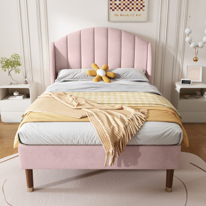 Polsterbett 90*200 mit Lattenrost und Kopfteil, Jugendbett, Einzelbett, Holzlattenunterstützung, Einfache Montage, Samt, Rosa