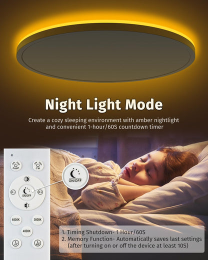 Bowfar LED-Flat-Deckenleuchte, 24 W, 3200 lm, Deckenleuchte mit Fernbedienung, dimmbar von 3000 K bis 6500 K, Nachtlicht bei 1800 K, bernsteinfarben, Badezimmerlampe für Wohnzimmer, Küche, Kinderzimmer, Flur