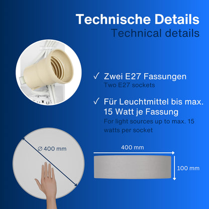 REV LED Deckenleuchte - Deckenlampe Schlafzimmer, Wohnzimmer & Küche rund 30cm mit Stoff-Lampenschirm im Vintage-Look, taupe