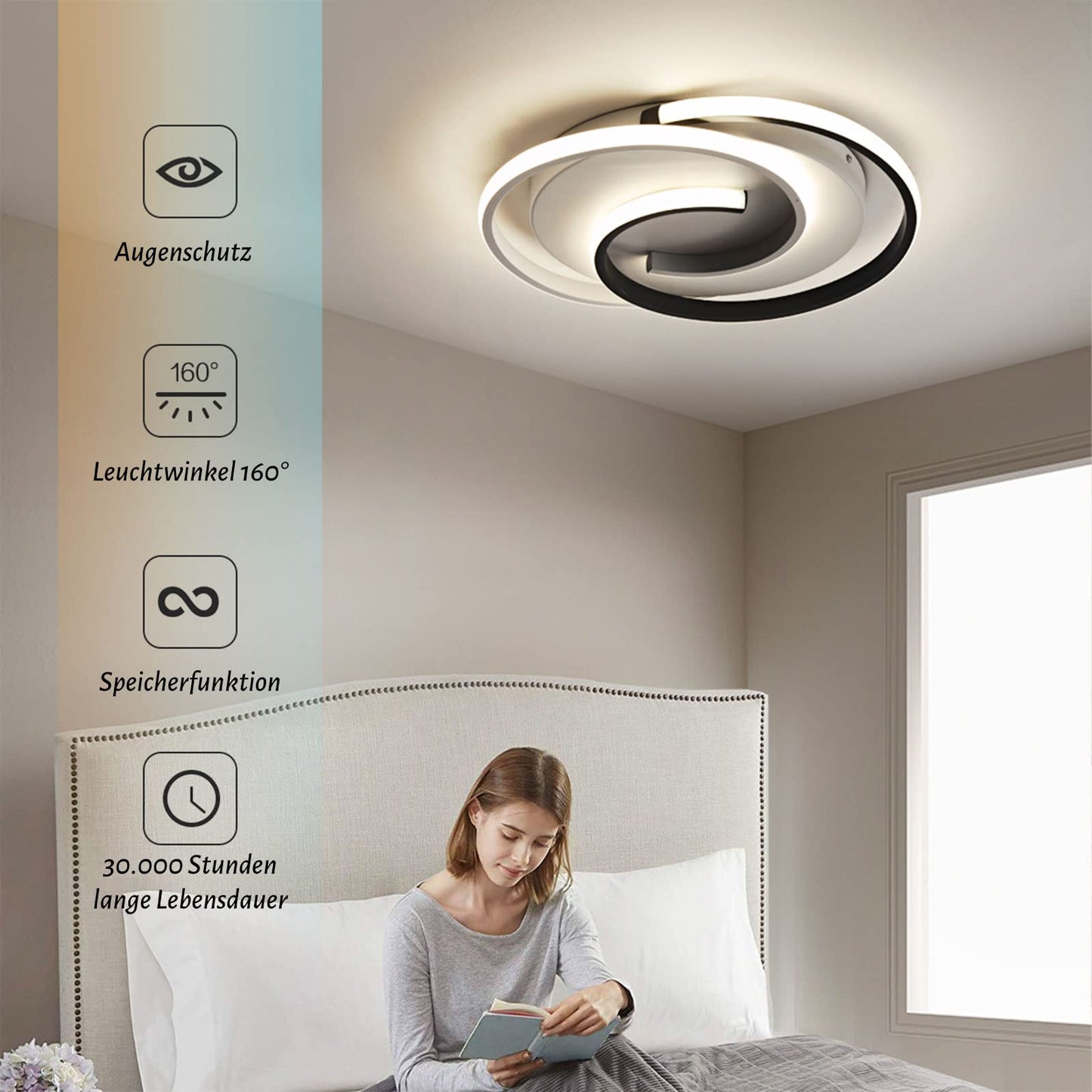 LED-Deckenlampe, moderne Deckenleuchte, dimmbar mit Fernbedienung, Wohnzimmer, schwarze und weiße Schlafzimmerlampe, rund, Wohnzimmerlampe mit Speicherfunktion, geeignet für Wohnzimmer, Schlafzimmer, Büro
