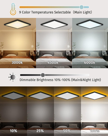Bowfar LED-Flat-Deckenleuchte, 24 W, 3200 lm, Deckenleuchte mit Fernbedienung, dimmbar von 3000 K bis 6500 K, Nachtlicht bei 1800 K, bernsteinfarben, Badezimmerlampe für Wohnzimmer, Küche, Kinderzimmer, Flur