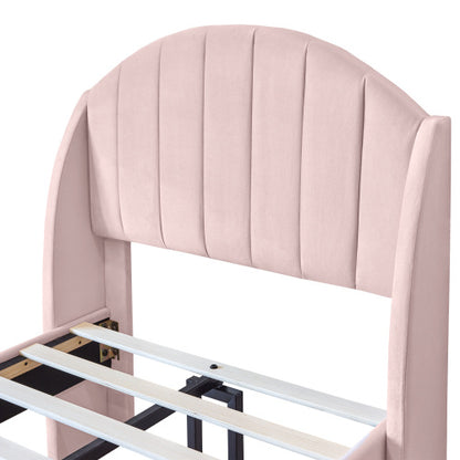 Polsterbett 90*200 mit Lattenrost und Kopfteil, Jugendbett, Einzelbett, Holzlattenunterstützung, Einfache Montage, Samt, Rosa