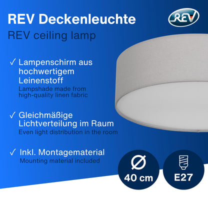 REV LED Deckenleuchte - Deckenlampe Schlafzimmer, Wohnzimmer & Küche rund 30cm mit Stoff-Lampenschirm im Vintage-Look, taupe