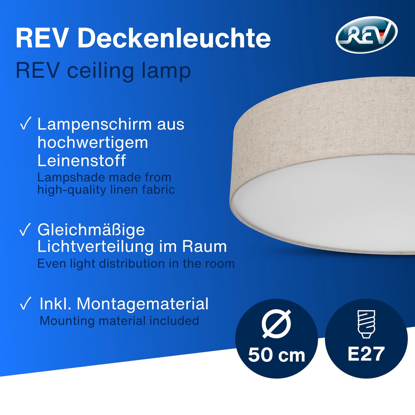 REV LED Deckenleuchte - Deckenlampe Schlafzimmer, Wohnzimmer & Küche rund 30cm mit Stoff-Lampenschirm im Vintage-Look, taupe
