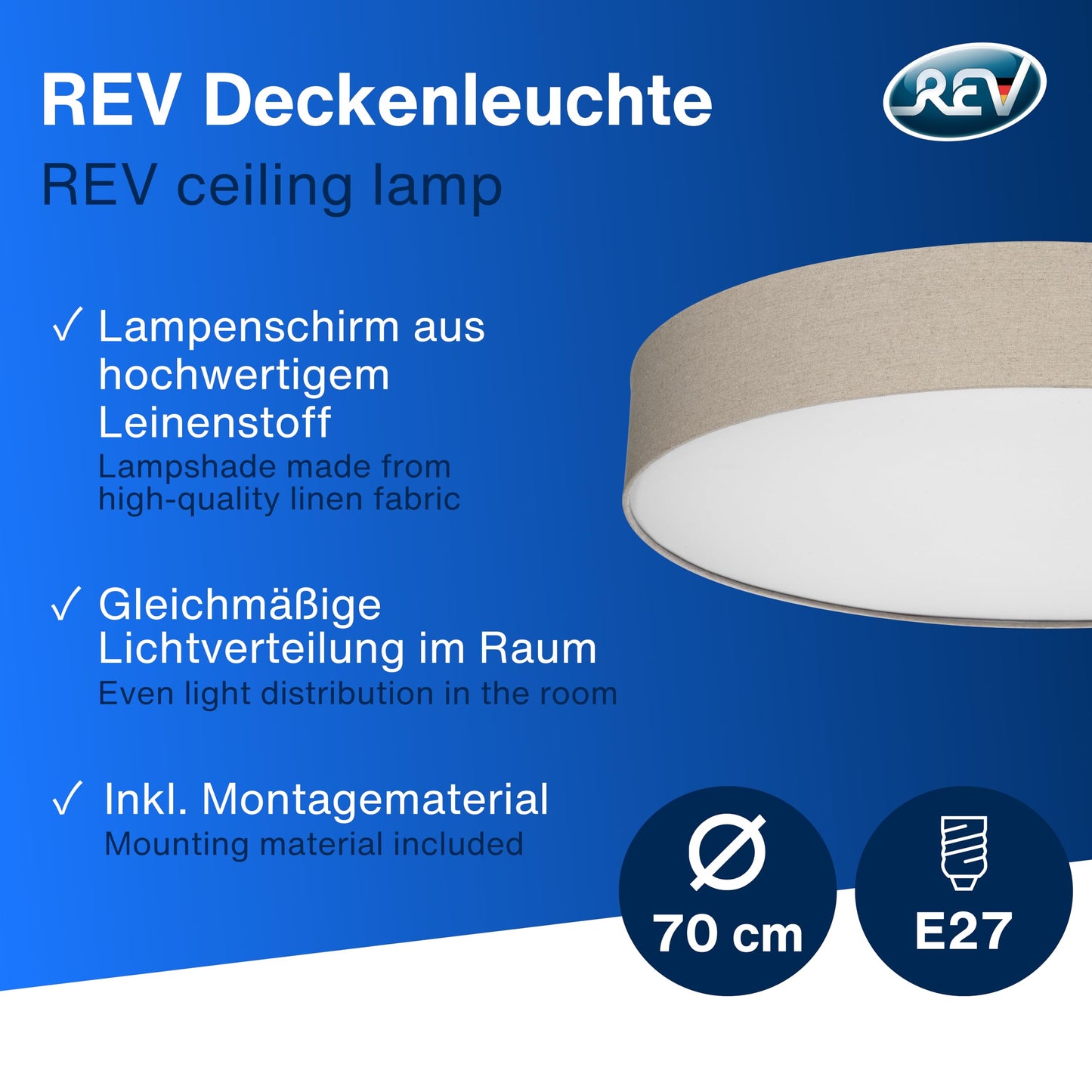 REV LED Deckenleuchte - Deckenlampe Schlafzimmer, Wohnzimmer & Küche rund 30cm mit Stoff-Lampenschirm im Vintage-Look, taupe