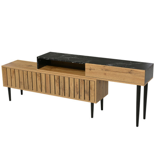 TV-Ständer mit Marmor- und Holzmaserungsdesign, PVC-Kante, Eisenbeinen, dunkle Holzfarbe, Heimdekoration, platzsparend, langlebig.