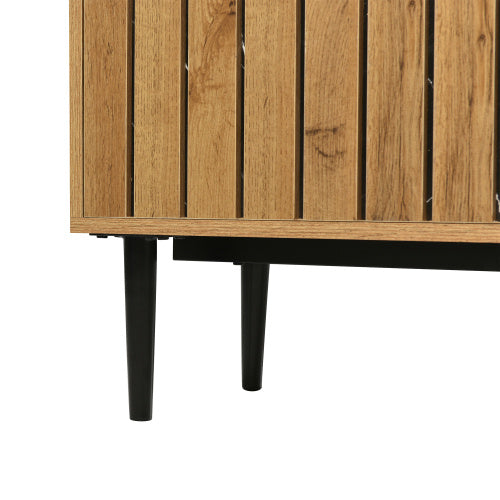 TV-Ständer mit Marmor- und Holzmaserungsdesign, PVC-Kante, Eisenbeinen, dunkle Holzfarbe, Heimdekoration, platzsparend, langlebig.