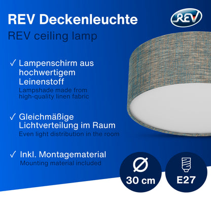 REV LED Deckenleuchte - Deckenlampe Schlafzimmer, Wohnzimmer & Küche rund 30cm mit Stoff-Lampenschirm im Vintage-Look, taupe