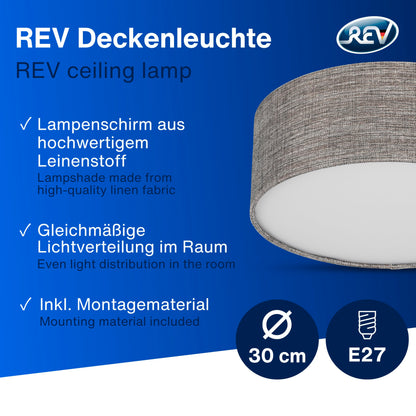 REV LED Deckenleuchte - Deckenlampe Schlafzimmer, Wohnzimmer & Küche rund 30cm mit Stoff-Lampenschirm im Vintage-Look, taupe
