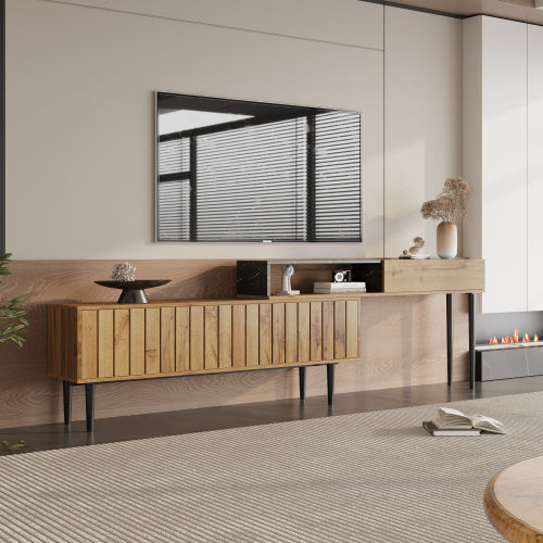 TV-Ständer mit Marmor- und Holzmaserungsdesign, PVC-Kante, Eisenbeinen, dunkle Holzfarbe, Heimdekoration, platzsparend, langlebig.