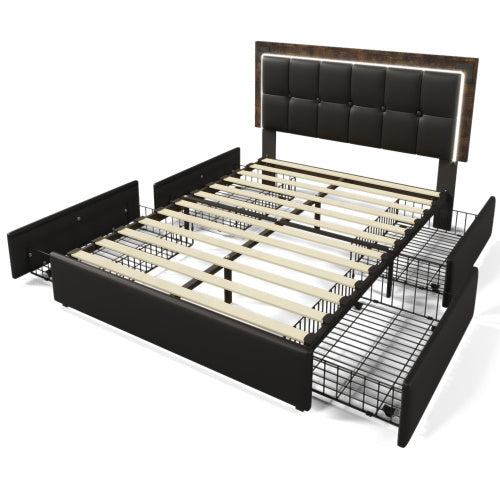 Bettgestell mit LED-Beleuchtungsleiste und 4 Schubladen, Doppelbett Polsterbett 140x200cm, Höhenverstellbarem Kopfteil, Funktionsbett