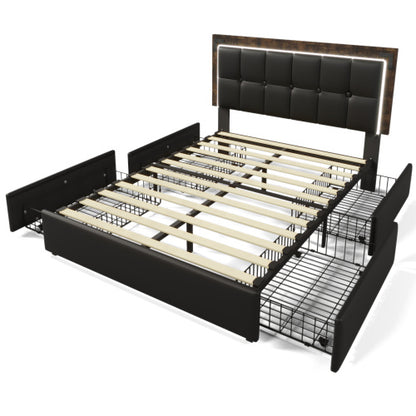 Bettgestell mit LED-Beleuchtungsleiste und 4 Schubladen, Doppelbett Polsterbett 140x200cm, Höhenverstellbarem Kopfteil, Funktionsbett