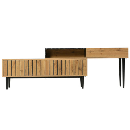 TV-Ständer mit Marmor- und Holzmaserungsdesign, PVC-Kante, Eisenbeinen, dunkle Holzfarbe, Heimdekoration, platzsparend, langlebig.