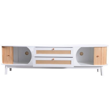 Fernseherschrank aus natürlichem Holz mit Türen und Schubladen – TV-Möbel mit Rattanseiten