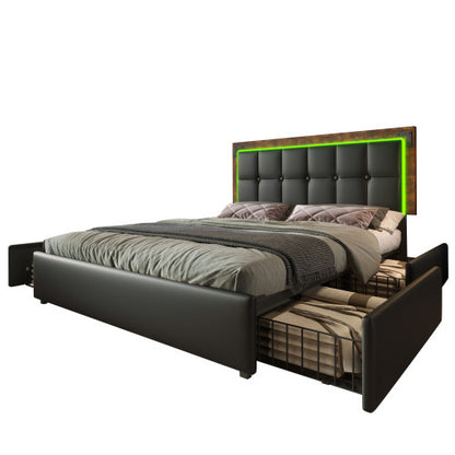 Bettgestell mit LED-Beleuchtungsleiste und 4 Schubladen, Doppelbett Polsterbett 140x200cm, Höhenverstellbarem Kopfteil, Funktionsbett
