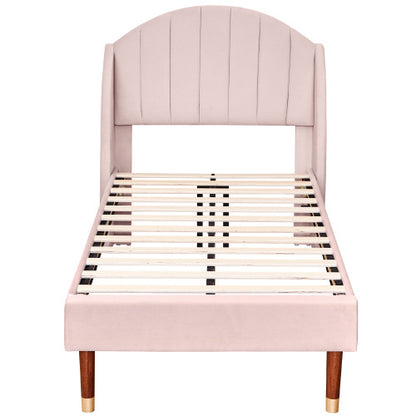 Polsterbett 90*200 mit Lattenrost und Kopfteil, Jugendbett, Einzelbett, Holzlattenunterstützung, Einfache Montage, Samt, Rosa