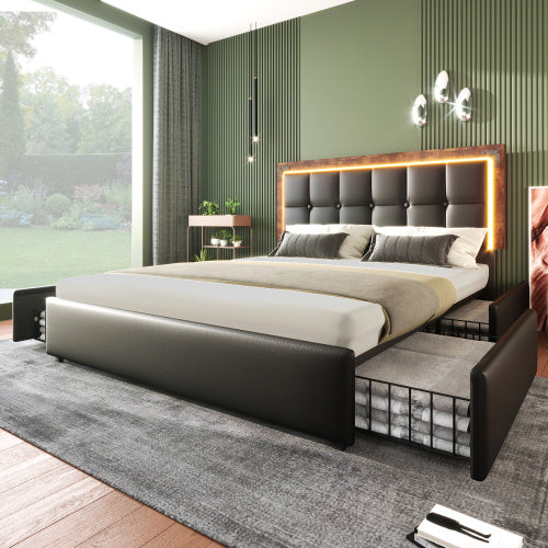 Bettgestell mit LED-Beleuchtungsleiste und 4 Schubladen, Doppelbett Polsterbett 140x200cm, Höhenverstellbarem Kopfteil, Funktionsbett