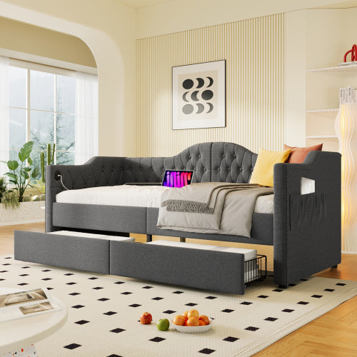 Polsterbett Daybett Schlafsofa Stauraumbetten Bettgestell mit USB Type C Ladefunktion und 2 Schubladen