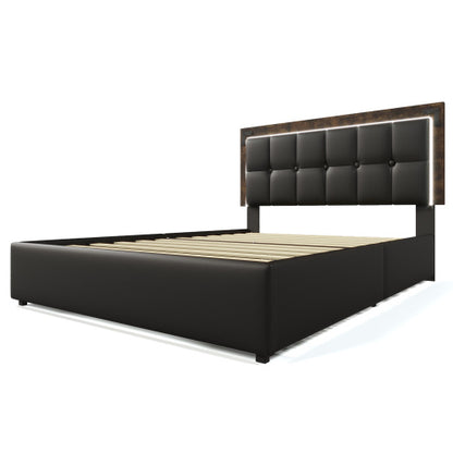 Bettgestell mit LED-Beleuchtungsleiste und 4 Schubladen, Doppelbett Polsterbett 140x200cm, Höhenverstellbarem Kopfteil, Funktionsbett