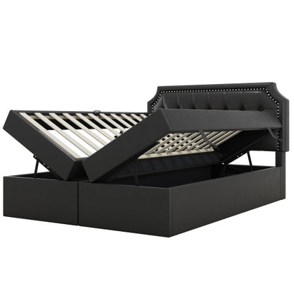 Doppelbett mit Lattenrost aus Metallrahmen, Großer Stauraum, Beidseitig zu öffnen, Schwarz