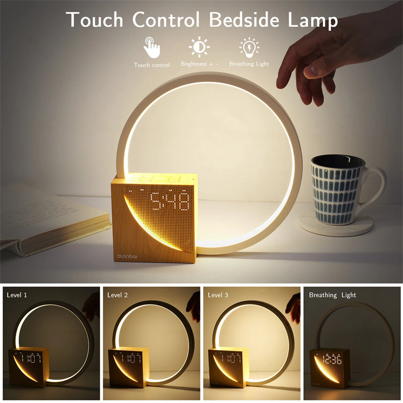Nachttischlampe Touch-Tischlampe mit Naturgeräuschen, Schreibtischlampe mit Wecker, Touch-Steuerung, 3 Helligkeitsstufen, Wohndekoration