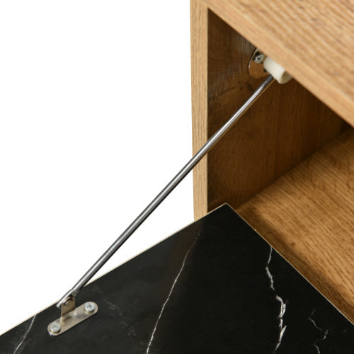 TV-Ständer mit Marmor- und Holzmaserungsdesign, PVC-Kante, Eisenbeinen, dunkle Holzfarbe, Heimdekoration, platzsparend, langlebig.