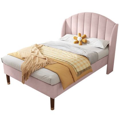 Polsterbett 90*200 mit Lattenrost und Kopfteil, Jugendbett, Einzelbett, Holzlattenunterstützung, Einfache Montage, Samt, Rosa