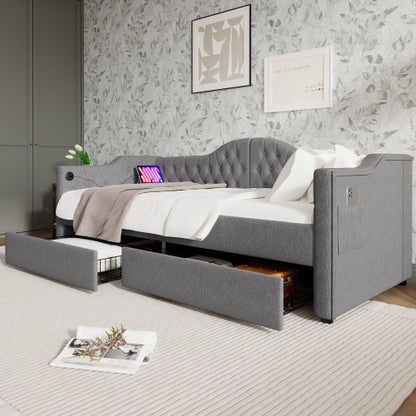 Polsterbett Daybett Schlafsofa Stauraumbetten Bettgestell mit USB Type C Ladefunktion und 2 Schubladen
