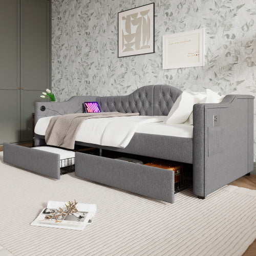 Polsterbett Daybett Schlafsofa Stauraumbetten Bettgestell mit USB Type C Ladefunktion und 2 Schubladen